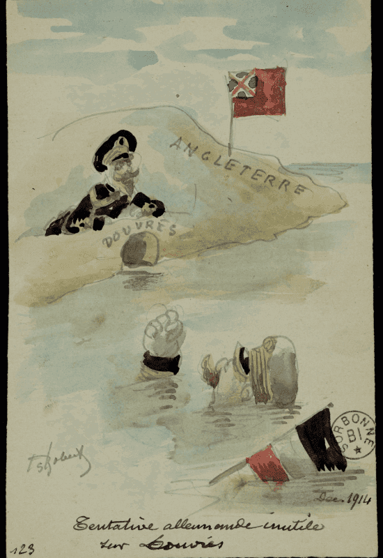 Carte aquarellée satirique de Robert : officier britannique campé sur la côte d'Angleterre observant un général allemand en train de se noyer dans la Manche, drapeau tricolore de l'Empire allemand submergé au premier plan, légendée « Tentative allemande inutile sur Douvres, Déc. 1914 ».