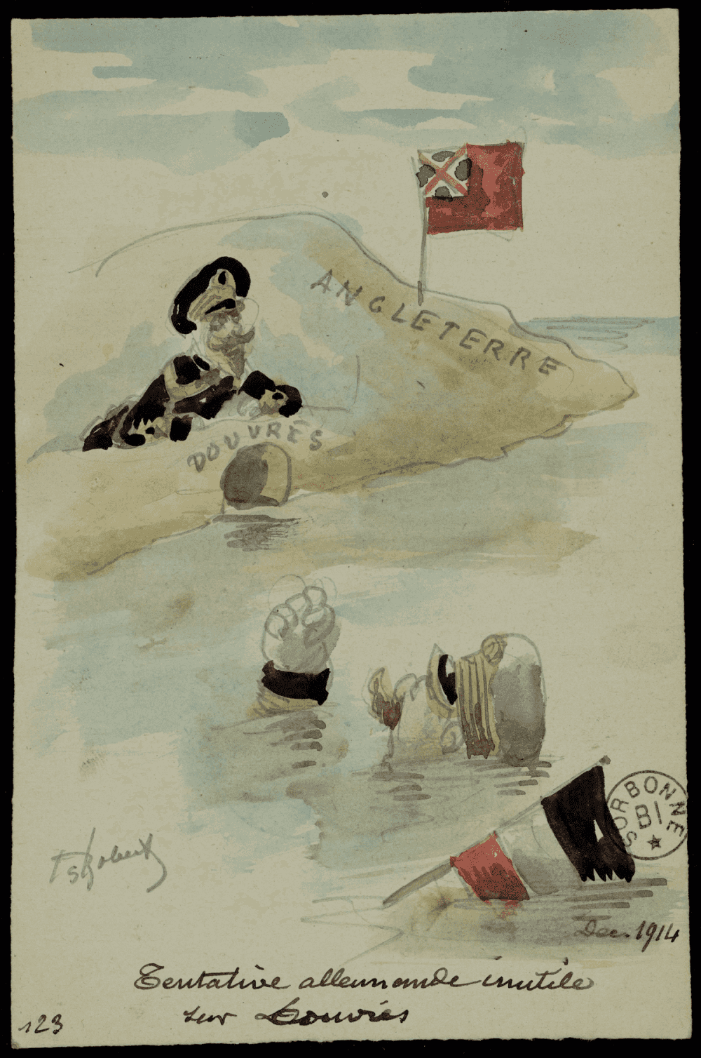 Carte aquarellée satirique de Robert : officier britannique campé sur la côte d'Angleterre observant un général allemand en train de se noyer dans la Manche, drapeau tricolore de l'Empire allemand submergé au premier plan, légendée « Tentative allemande inutile sur Douvres, Déc. 1914 ».