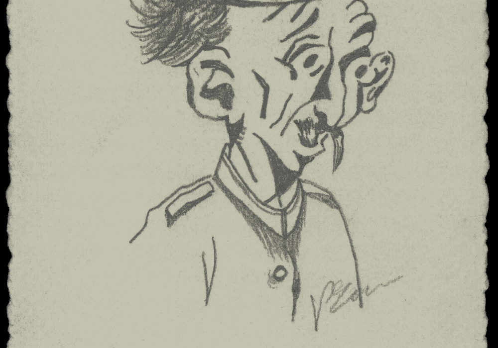 Caricature au crayon d'un soldat allemand au profil émacié et grimaçant coiffé d'un casque à pointe orné d'un crâne, légendée « Type de la KULTUR teutonne — Les conséquences du pain K.K. »