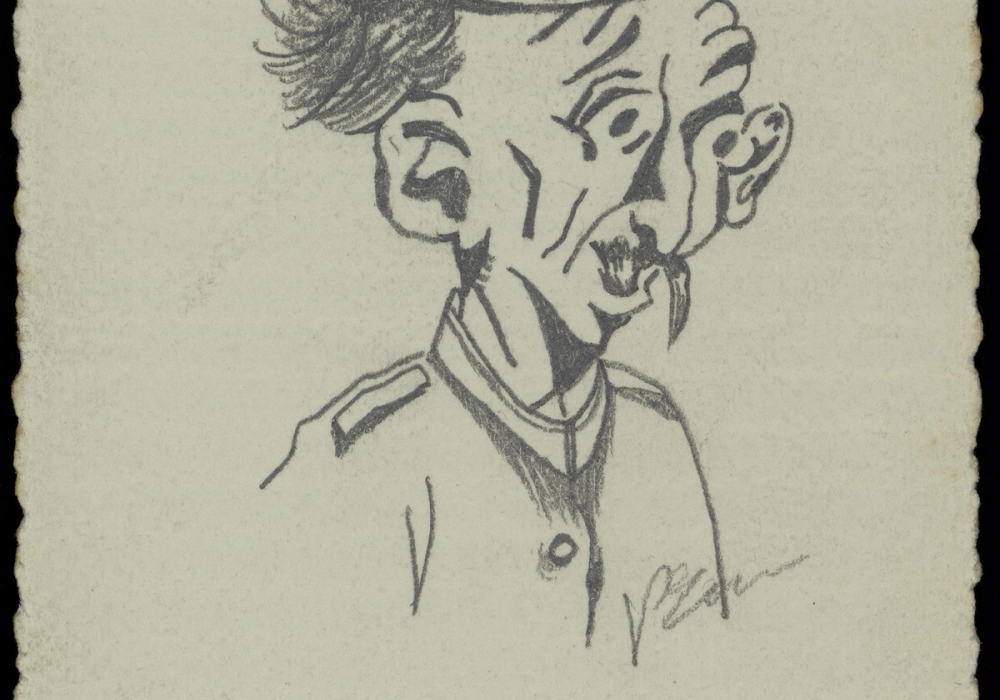 Caricature au crayon d'un soldat allemand au profil émacié et grimaçant coiffé d'un casque à pointe orné d'un crâne, légendée « Type de la KULTUR teutonne — Les conséquences du pain K.K. »