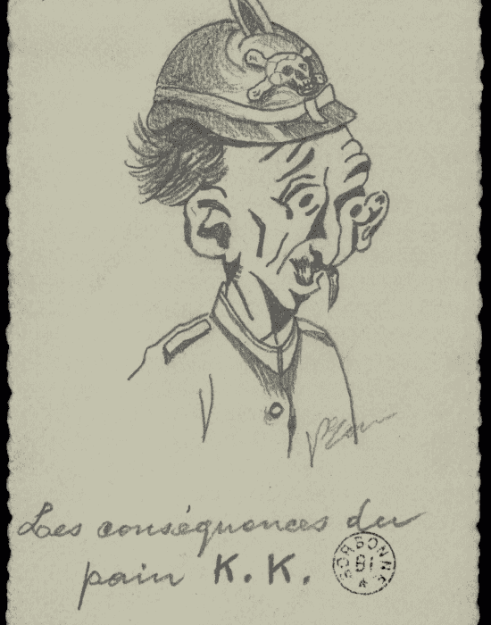 Caricature au crayon d'un soldat allemand au profil émacié et grimaçant coiffé d'un casque à pointe orné d'un crâne, légendée « Type de la KULTUR teutonne — Les conséquences du pain K.K. »