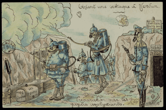 Carte aquarellée : des soldats allemands masqués équipés de bonbonnes de gaz répandent du gaz dans une tranchée. A droite, un officier observe la scène à côté d'un abri.
