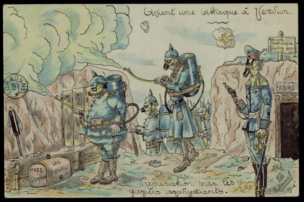Carte aquarellée : des soldats allemands masqués équipés de bonbonnes de gaz répandent du gaz dans une tranchée. A droite, un officier observe la scène à côté d'un abri.