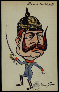Carte postale colorée : caricature à grosse tête d'un officier allemand au casque à pointe et moustaches rousses retroussées, petit corps en uniforme bleu brandissant un sabre.