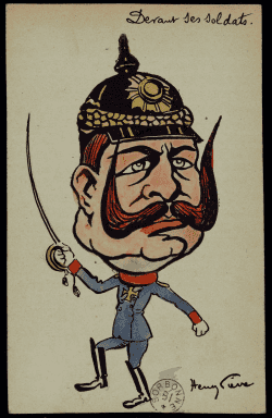 Carte postale colorée : caricature à grosse tête d'un officier allemand au casque à pointe et moustaches rousses retroussées, petit corps en uniforme bleu brandissant un sabre.