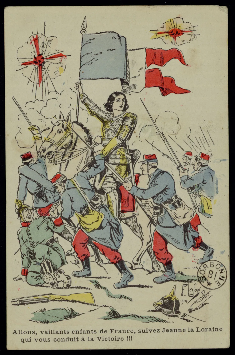 Carte postale colorée : Jeanne d'Arc en armure dorée à cheval, bannière tricolore au vent, mène une charge de poilus. Soldats allemands vaincus au sol, explosions dans le ciel.