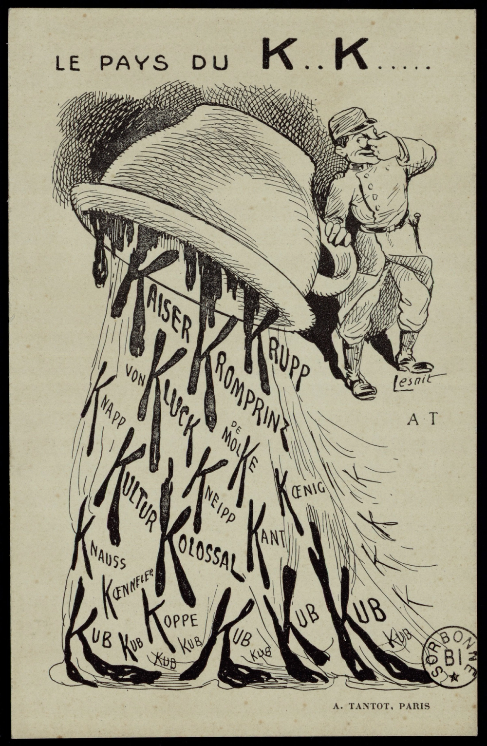 Dessin monochrome : un homme en uniforme se bouchant le nez renverse un grand pot de chambre d'où ruissellent des lettres « K » noires formant des mots (Kaiser, Krupp, Kronprinz, Kultur, Kolossal, Kub…).