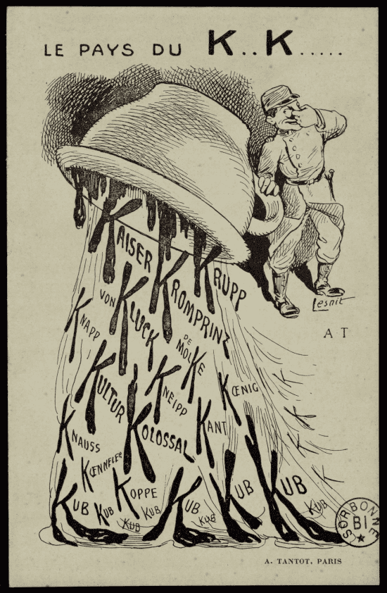 Dessin monochrome : un homme en uniforme se bouchant le nez renverse un grand pot de chambre d'où ruissellent des lettres « K » noires formant des mots (Kaiser, Krupp, Kronprinz, Kultur, Kolossal, Kub…).