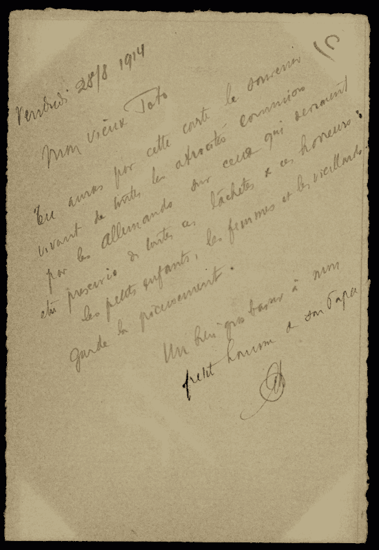 Verso de la carte : texte manuscrit à l'encre brune, rédigé en diagonale, daté « Vendredi 28/8 1914 », adressé à « Mon vieux Toto ».