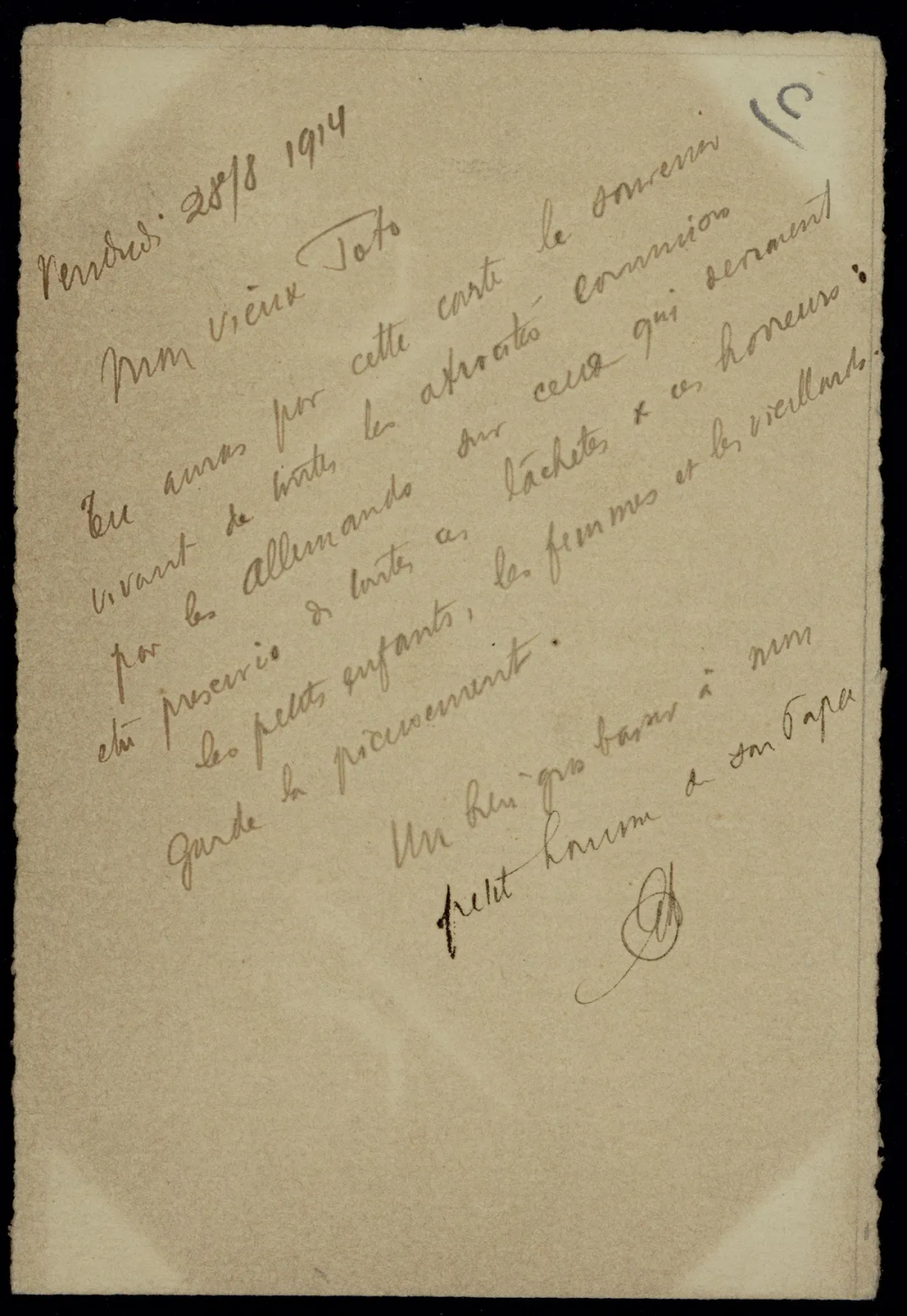 Verso de la carte : texte manuscrit à l'encre brune, rédigé en diagonale, daté « Vendredi 28/8 1914 », adressé à « Mon vieux Toto ».