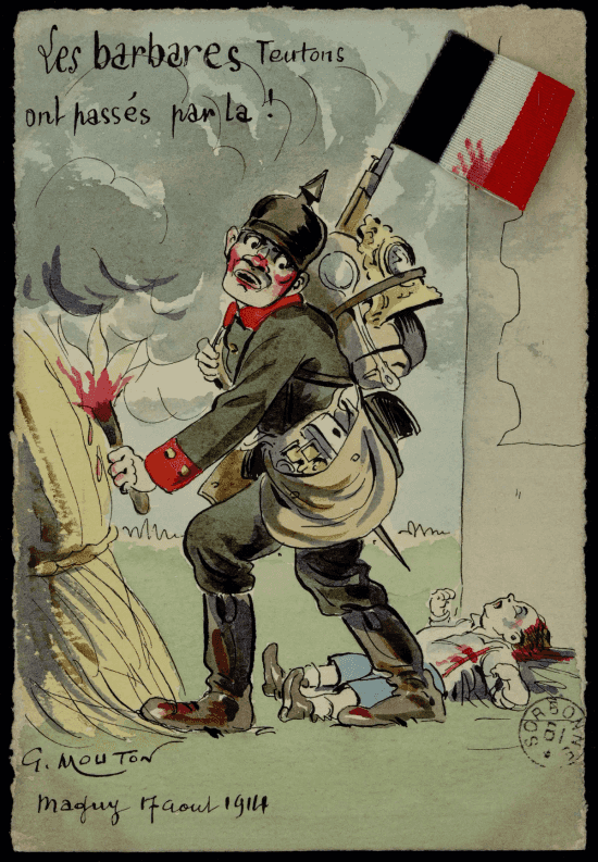 Carte aquarellée : un soldat allemand chargé de son bardas et d'un fusil au bout duquel est planté un drapeau de l'empire allemand en tissu incendie un ballot de paille avec un flambeau Un enfant gît au sol. À l'arrière-plan, de gros nuages de fumée grise. Estampille de la bibliothèque de la Sorbonne en bas à droite.