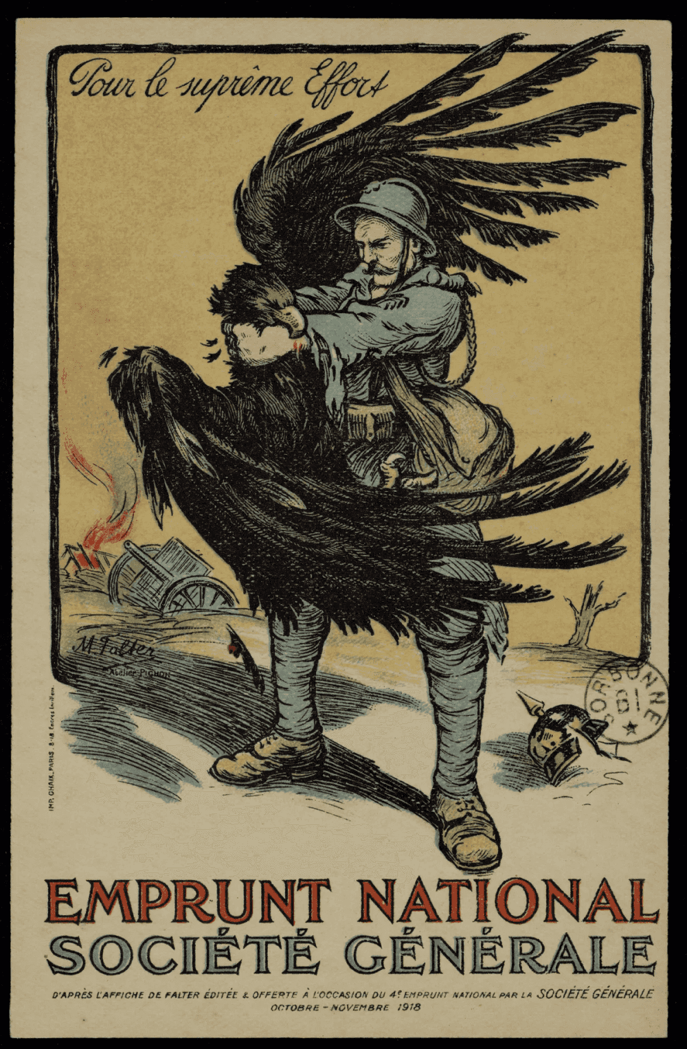 Carte postale : un poilu casqué étrangle un aigle noir aux ailes déployées. Un casque à pointe gît au sol aux pieds du soldat. Un canon est en flammes à l'arrière-plan. Fond jaune, cadre dessiné.