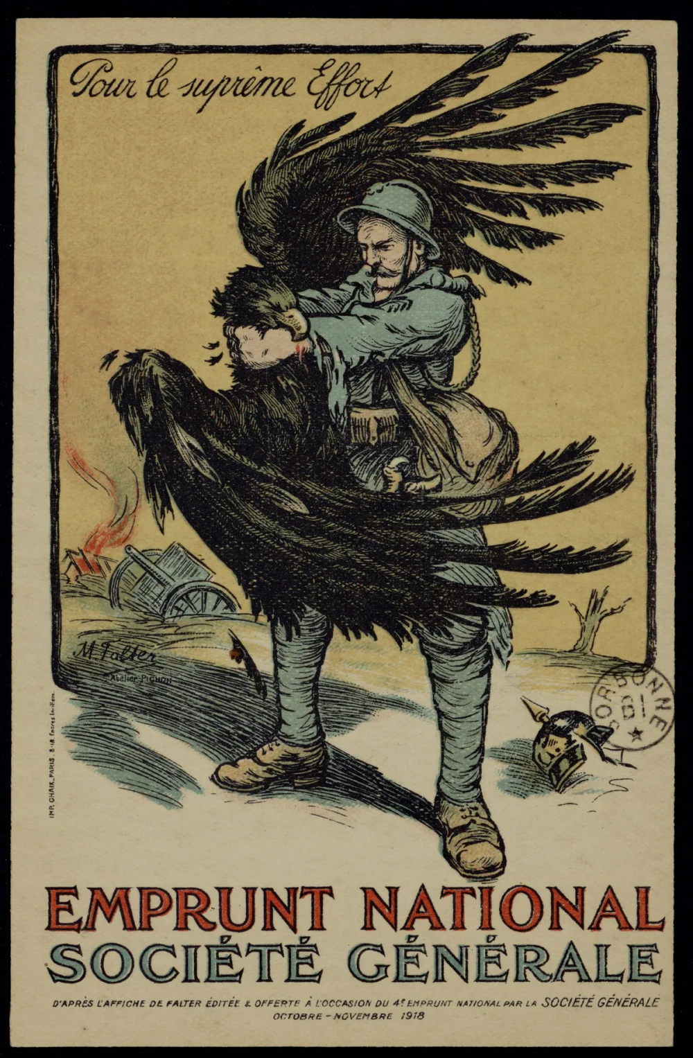 Carte postale : un poilu casqué étrangle un aigle noir aux ailes déployées. Un casque à pointe gît au sol aux pieds du soldat. Un canon est en flammes à l'arrière-plan. Fond jaune, cadre dessiné.