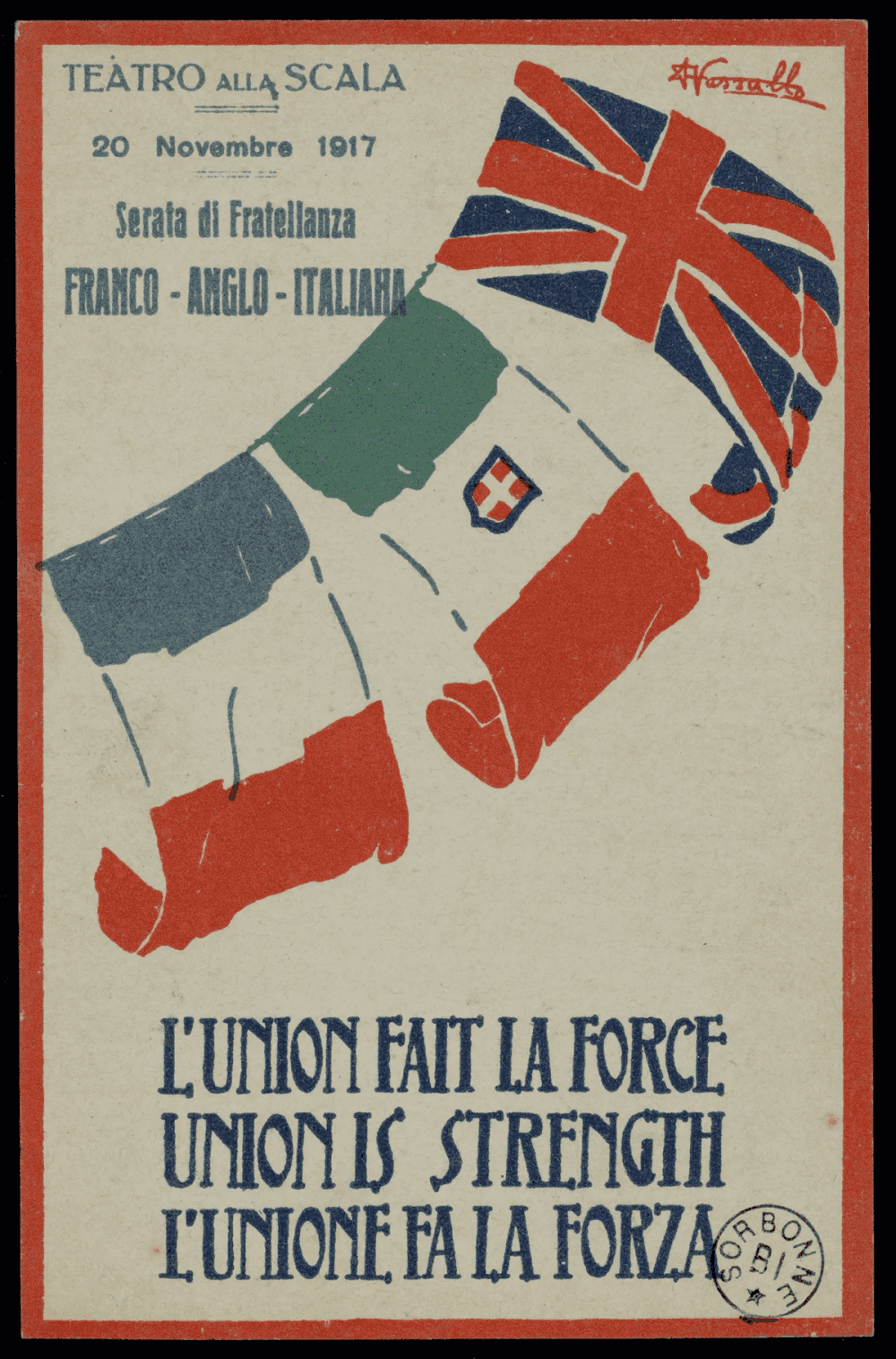 Carte postale trilingue : trois drapeaux attachés à un fil — français, italien avec écusson de Savoie, et britannique — volent au vent sur fond crème, bordure rouge.