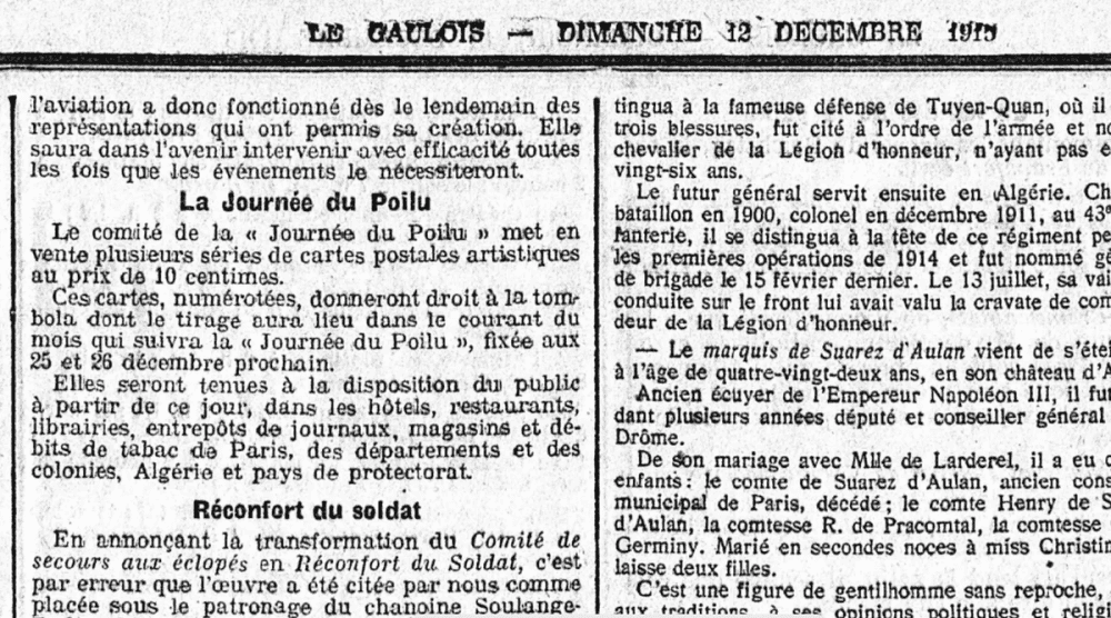 Extrait du Gaulois du 12 décembre 1915 : colonne titrée « La Journée du Poilu » annonçant la mise en vente de séries de cartes postales à 10 centimes.
