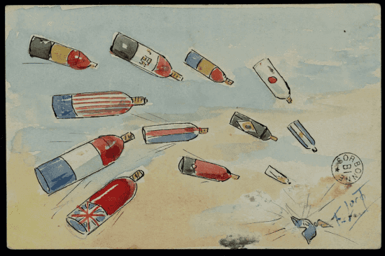 Carte aquarellée : des obus peints aux couleurs des drapeaux alliés pleuvent dans un ciel bleu, en direction d'un casque à pointe posé au sol en bas à droite.