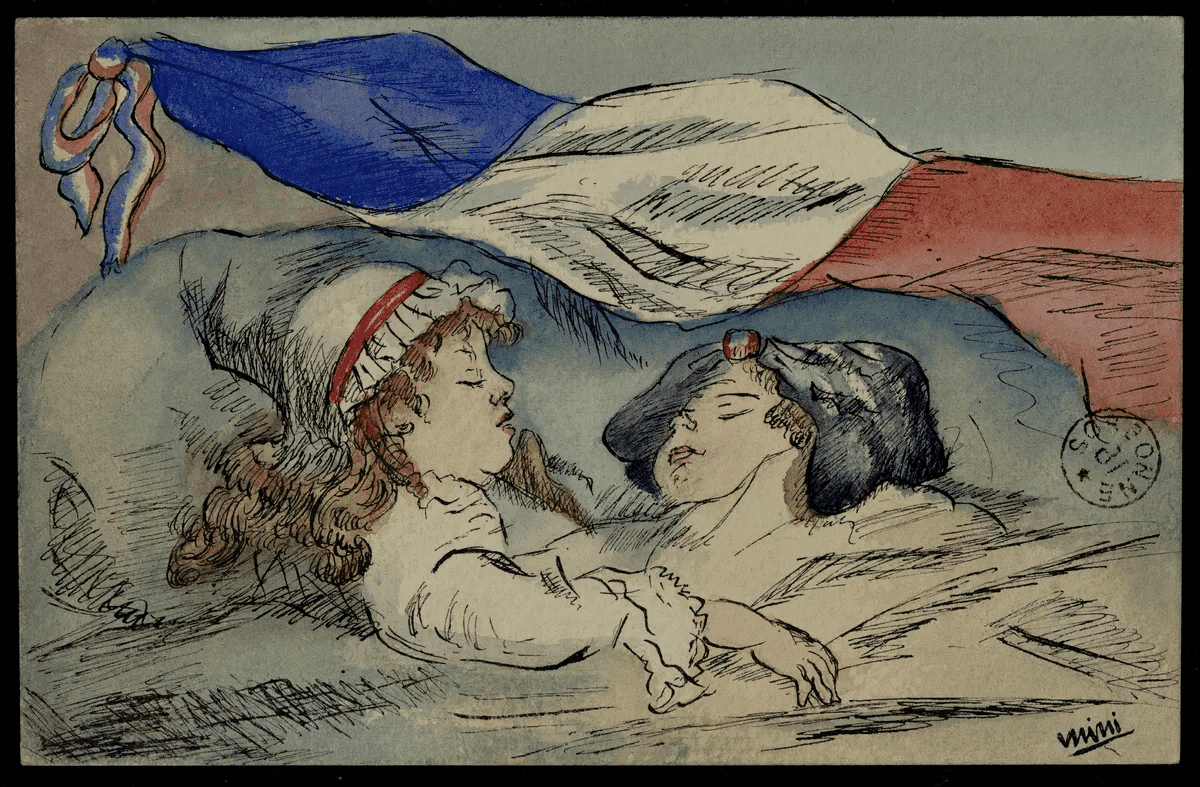 Carte aquarellée : deux fillettes en costumes traditionnels alsacien et lorrain dorment côte à côte dans un lit sous un drapeau tricolore.
