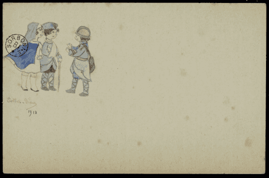 Carte aquarellée minimaliste : trois enfants miniatures dans le coin en haut à gauche — une fillette en costume d'infirmière et deux garçons en costumes de poilus, dont un ayant un bras en écharpe et une béquille. Grand espace vide à droite.