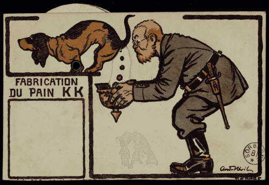 Carte à système, position 2 : un soldat allemand barbu en uniforme, sabre au côté, tient son casque à pointe retourné sous le derrière d'un teckel juché sur un muret sur lequel est inscrit « Fabrication du pain KK ». Les déjections de l'animal tombent dans le casque.
