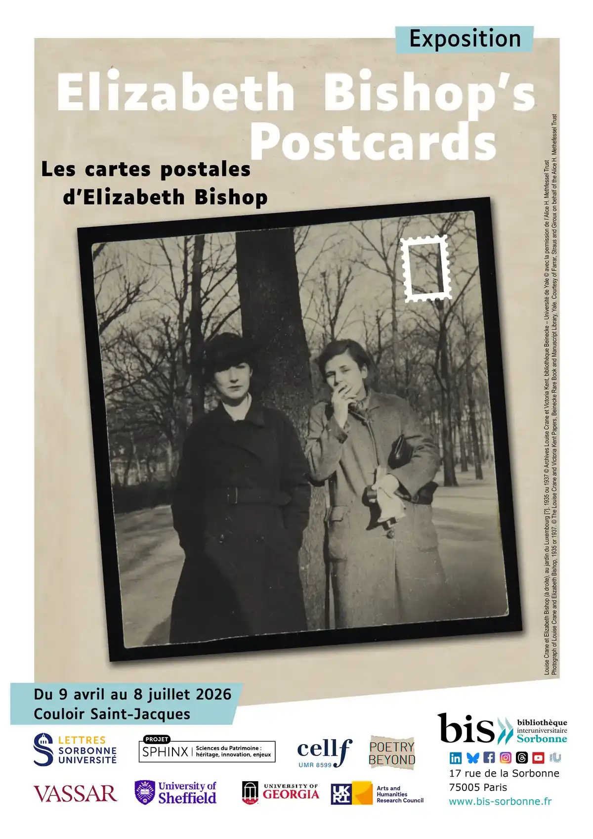 Affiche de l'exposition 'Les cartes postales d'Elizabeth Bishop', du 9 avril au 8 juillet 2026, Couloir Saint-Jacques, Bibliothèque interuniversitaire de la Sorbonne, Paris.