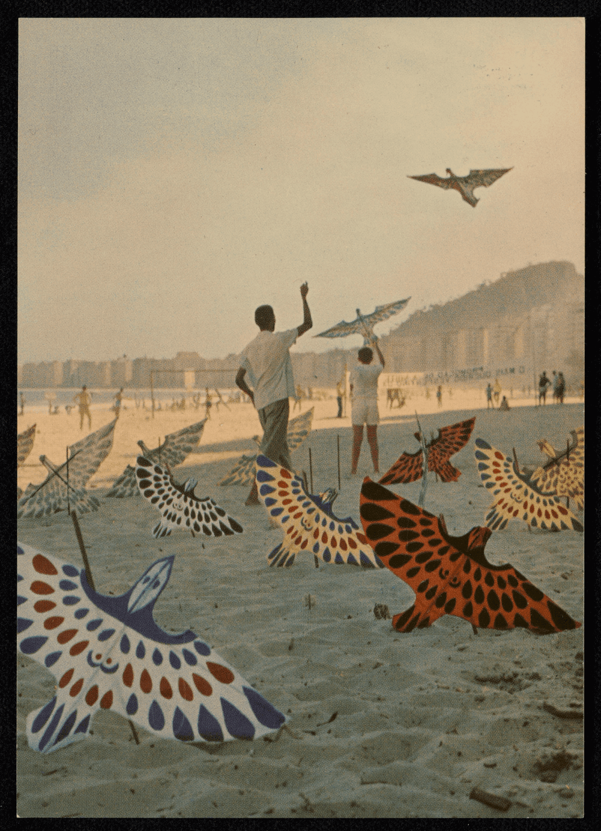 Carte postale colorée montrant une plage au sable clair où des enfants font voler des cerfs-volants en forme d'oiseaux aux ailes multicolores.