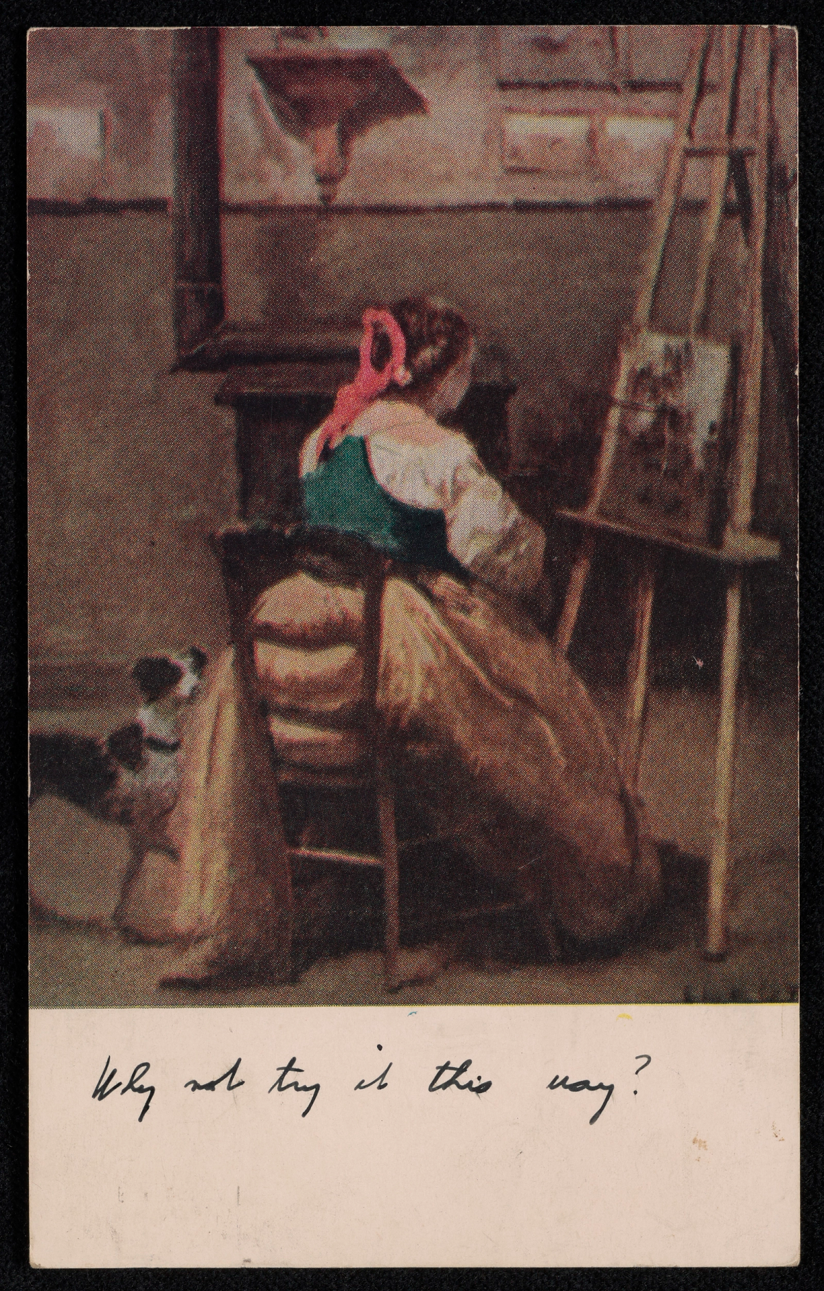 Carte postale reproduisant une peinture d'une femme peignant dans un atelier, un chien à ses pieds, avec note manuscrite au bas de l'image.