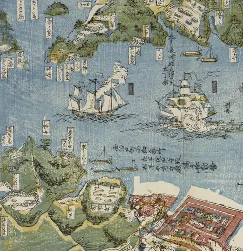 Détail du plan de Nagasaki : navires occidentaux a trois mats et navire a vapeur dans la baie, ilots cotiers verdoyants, comptoir de Dejima visible en bas a droite dans son enceinte rouge.