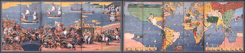 Paravent en deux volets : à gauche, scène de bataille animée avec cavaliers, fantassins en armures colorées et galères voilées ; à droite, planisphère peint aux teintes vives figurant les continents, bordé de médaillons et parsemé de navires sur les océans.
