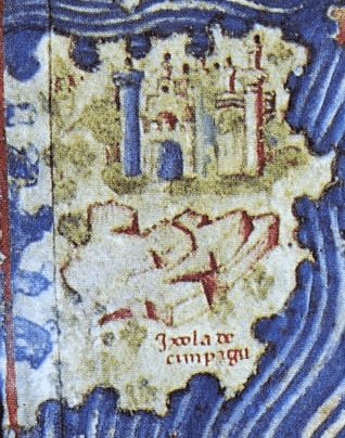 Détail de la carte de Fra Mauro : île surmontée d'une forteresse aux tours crénelées, peinte sur fond bleu à ondes blanches, avec l'inscription « Ixola de Cimpagu » en bas.