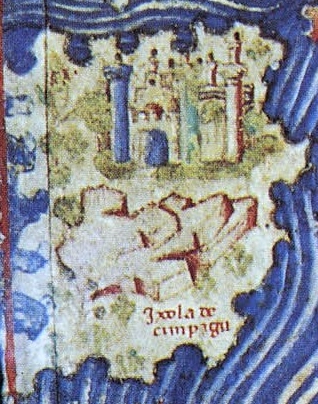 Détail de la carte de Fra Mauro : île surmontée d'une forteresse aux tours crénelées, peinte sur fond bleu à ondes blanches, avec l'inscription « Ixola de Cimpagu » en bas.