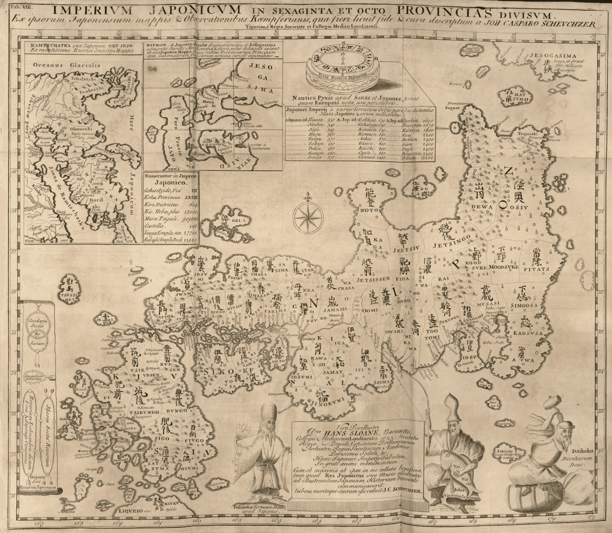 Carte gravée en taille-douce de l'archipel japonais avec noms de provinces en kanji et en latin ; encarts du Kamtchatka et du détroit nord en haut à gauche, boussole japonaise, tableau de distances et figures de divinités japonaises en bas.