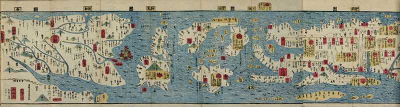 Détail de l'extrémité gauche de la carte itinéraire figurant le sud de l'archipel et la péninsule coréenne : fond bleu à ondes stylisées, terres en blanc parsemées de cartouches roses et rouges, silhouettes de personnages et de bâtiments illustrant les étapes et localités.