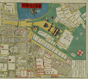 Carte du quartier de Shitaya tirée de l'Edo kiriezu : complexe de temples figuré en vue picturale avec toits à double pente en rouge et bleu sur fond jaune, îlots résidentiels encadrés en rose sur fond blanc, rues en jaune, espaces verts en aplat vert, canaux en bleu, légende colorée en bas à droite.