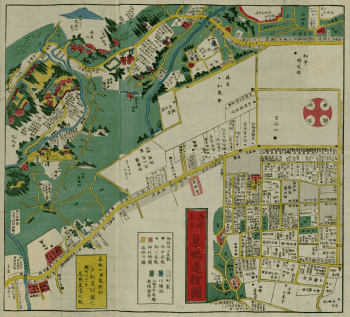 Carte du quartier de Sugamo tirée de l'Edo kiriezu : zone périphérique mêlant secteur urbanisé quadrillé à droite et paysage semi-rural à gauche avec rivière, bois de cerisiers en fleurs et temples figurés en vue picturale, code couleur jaune/rouge/vert pour les différents types de sols.