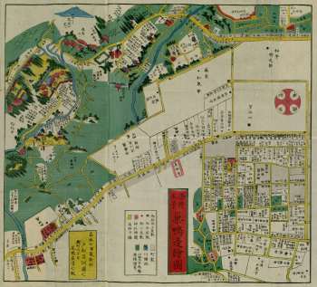 Carte du quartier de Sugamo tirée de l'Edo kiriezu : zone périphérique mêlant secteur urbanisé quadrillé à droite et paysage semi-rural à gauche avec rivière, bois de cerisiers en fleurs et temples figurés en vue picturale, code couleur jaune/rouge/vert pour les différents types de sols.