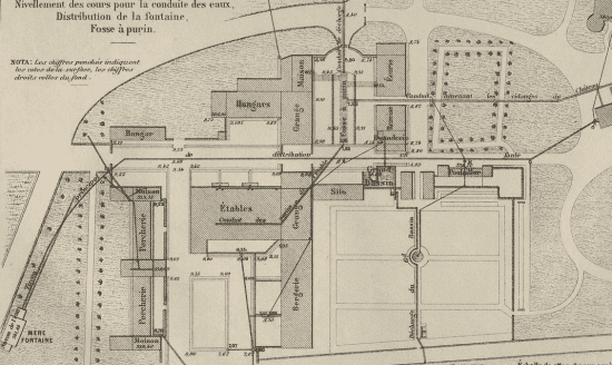 Planche gravée : plan légendé d’une ferme (hangars, étables, porcheries, silo, grand bassin), avec cotes de nivellement et tracé des conduites d’eau.