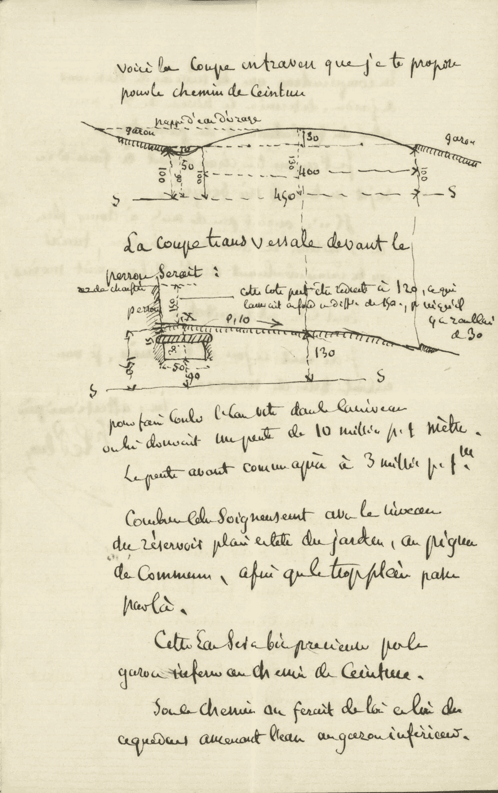 Page de lettre manuscrite comportant deux croquis de coupes de terrain cotées, tracées à l’encre au fil du texte.