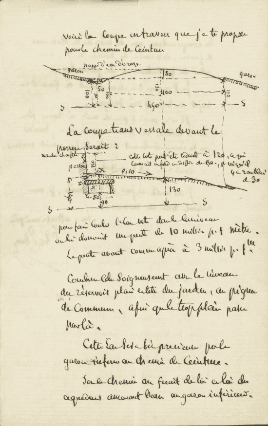 Page de lettre manuscrite comportant deux croquis de coupes de terrain cotées, tracées à l’encre au fil du texte.