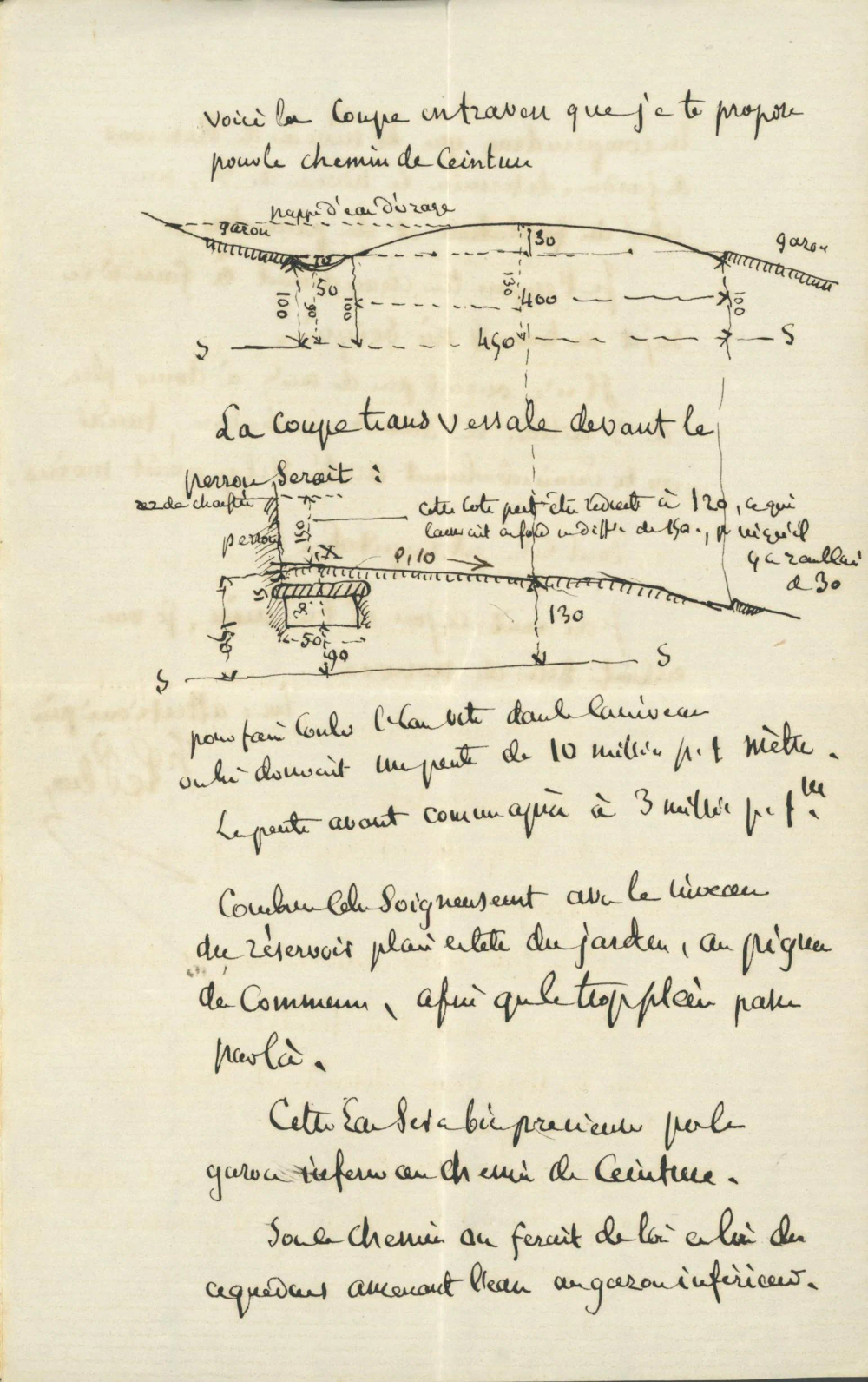 Page de lettre manuscrite comportant deux croquis de coupes de terrain cotées, tracées à l’encre au fil du texte.