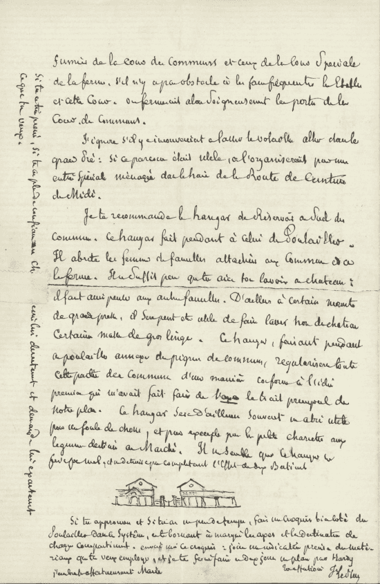 Page de lettre manuscrite avec, en bas, un petit croquis à l’encre : l’élévation de deux bâtiments ouverts à toit à deux pentes, séparés par une clôture.