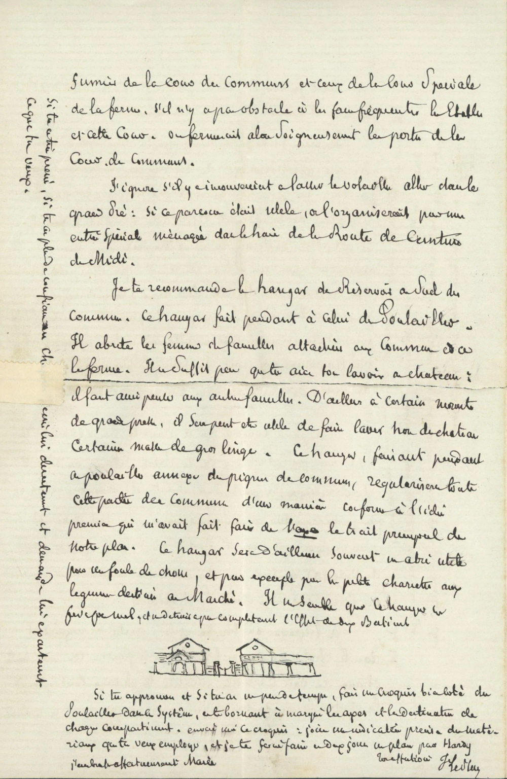 Page de lettre manuscrite avec, en bas, un petit croquis à l’encre : l’élévation de deux bâtiments ouverts à toit à deux pentes, séparés par une clôture.