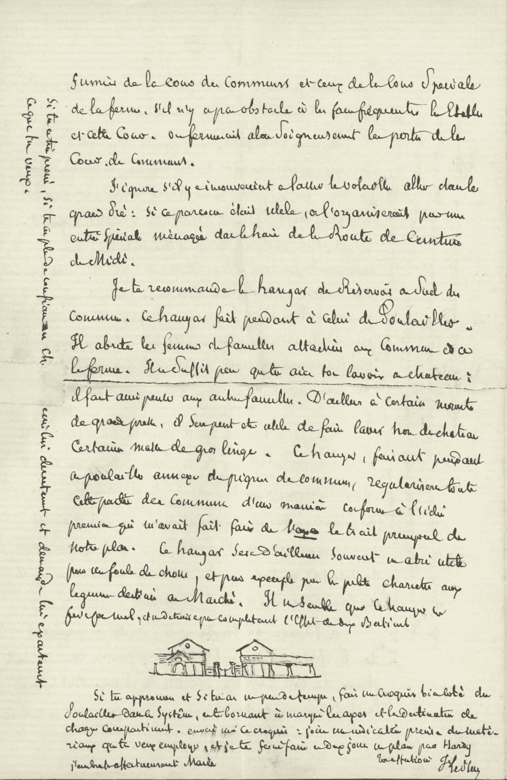 Page de lettre manuscrite avec, en bas, un petit croquis à l’encre : l’élévation de deux bâtiments ouverts à toit à deux pentes, séparés par une clôture.