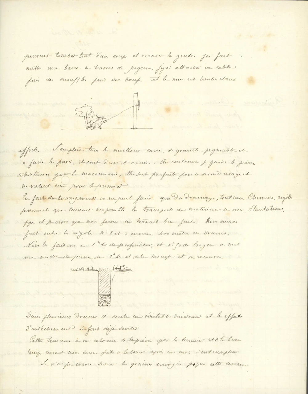 Page manuscrite illustrée de deux croquis techniques.