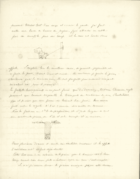 Page manuscrite illustrée de deux croquis techniques.