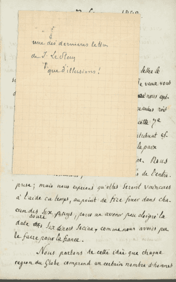Feuillet de papier quadrillé portant trois lignes manuscrites, posé sur une lettre manuscrite dont il masque une partie.