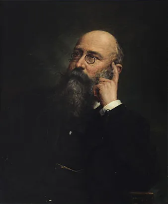 Peinture d'un homme de trois quarts, la tête soutenue par une main, air pensif, costume noir sur fond noir.