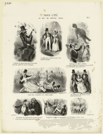 Estampe lithographiée : planche de huit vignettes légendées caricaturant les scènes d’un bal public, danseurs en habit noir et haut-de-forme.