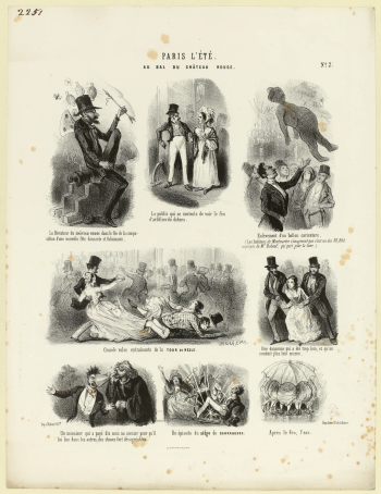 Estampe lithographiée : planche de huit vignettes légendées caricaturant les scènes d’un bal public, danseurs en habit noir et haut-de-forme.