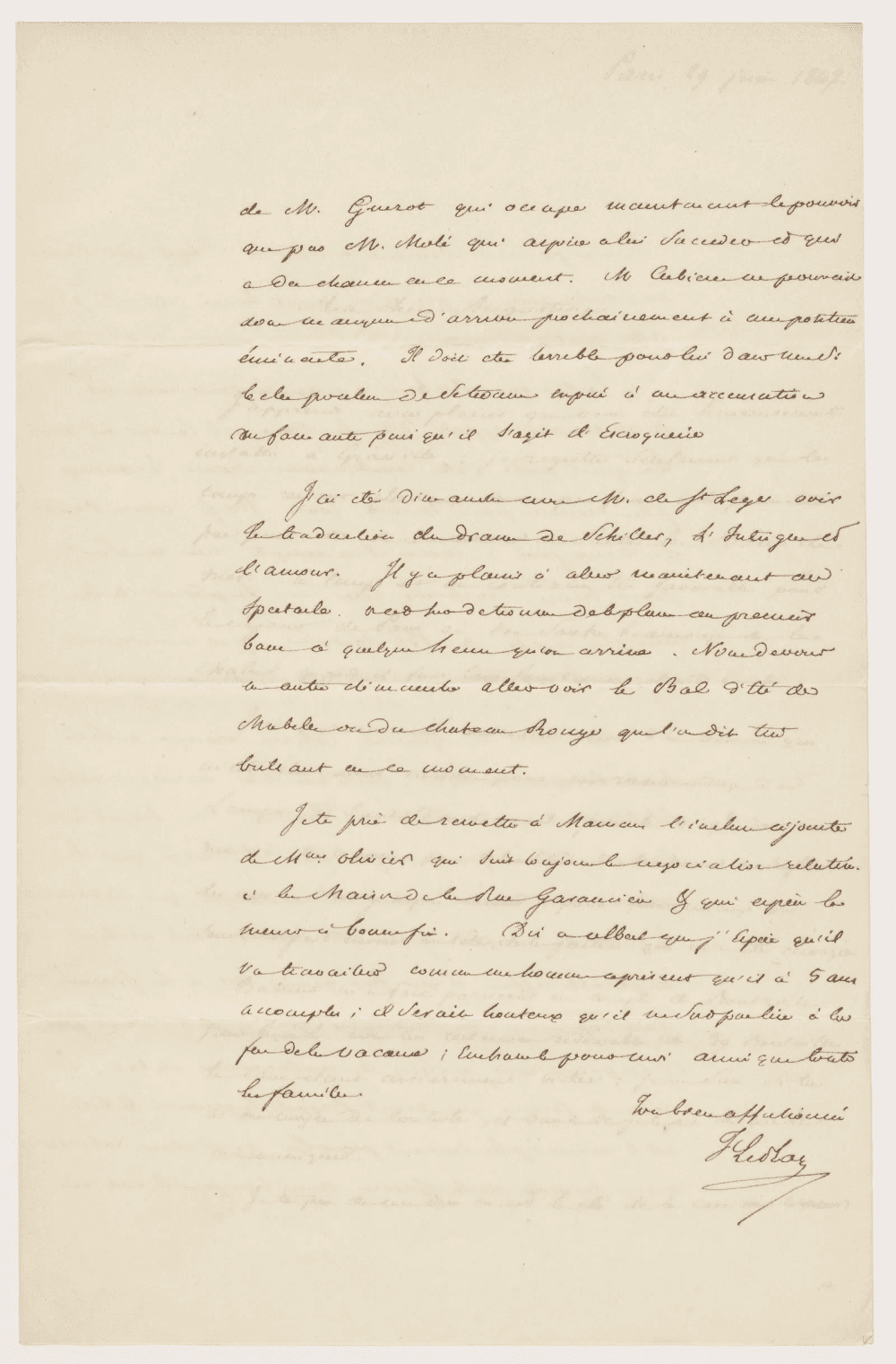 Dernière page d’une lettre manuscrite datée de Paris, terminée par une formule d’affection et la signature de Frédéric Le Play.