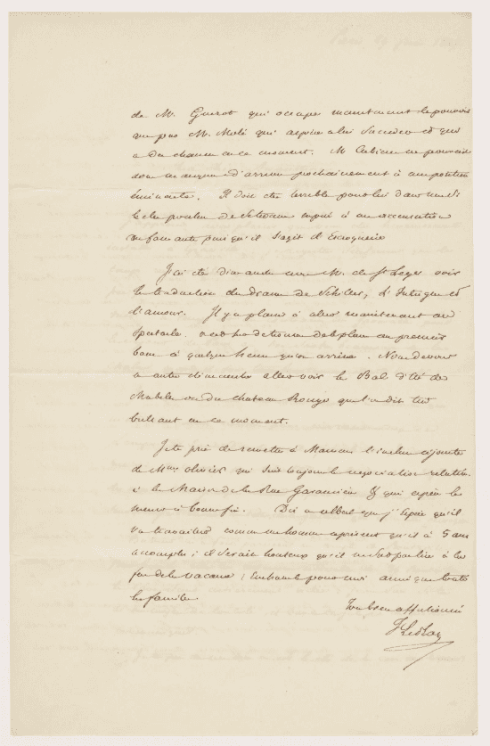 Dernière page d’une lettre manuscrite datée de Paris, terminée par une formule d’affection et la signature de Frédéric Le Play.